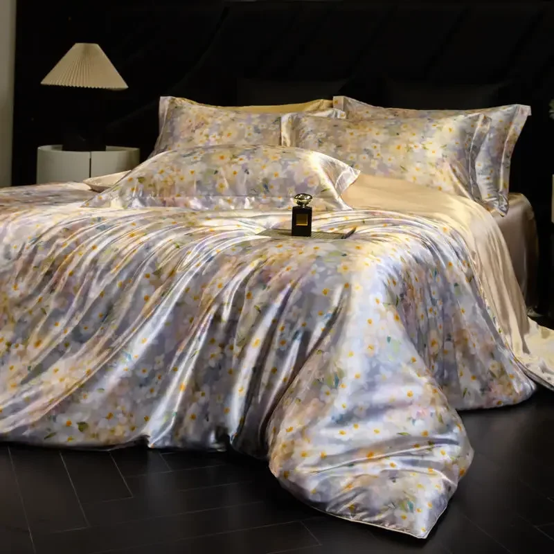 100% Natural Mulberry Silk Fitted Sheet Bedding Sets 3D Printed Satin Cooling Quilt Cover Set For Summer Single Double Bed Kit 100% Natural Mulberry Silk Fitted Sheet Bedding Sets 3D Printed Satin Cooling Quilt Cover Set For Summer Single Double Bed Kit - Image 9
