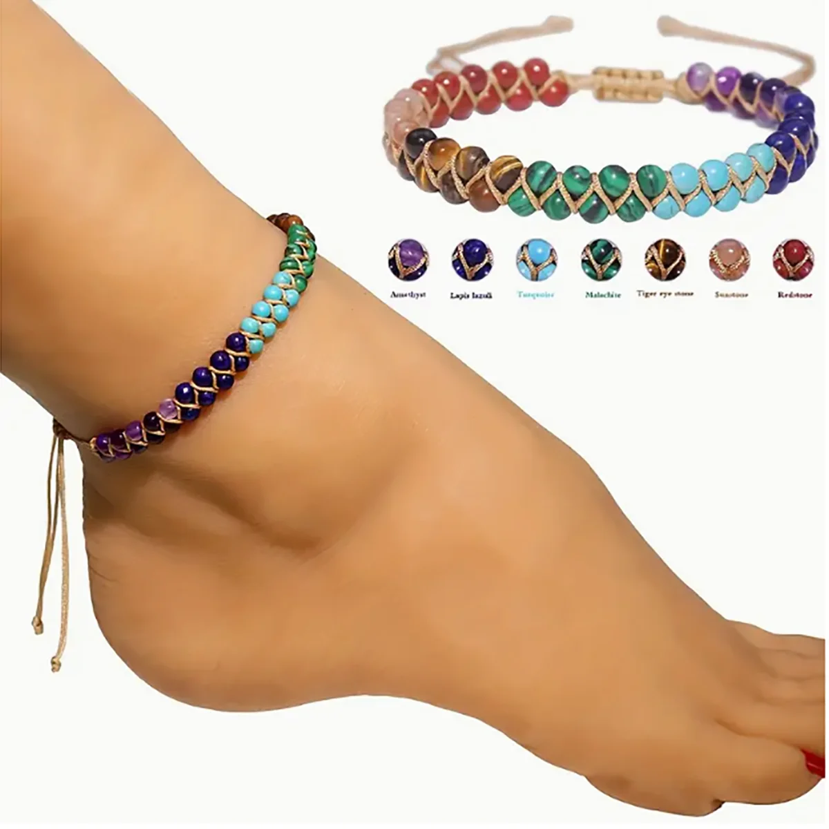 Fußkettchen Für Damen, Doppellagig Geflochten, Strand-Accessoires, 7 Chakras, Boho-Türkis-Schmuck, Schwarz, Grün, Rot, Sommer-Accessoires Fußkettchen Für Damen, Doppellagig Geflochten, Strand-Accessoires, 7 Chakras, Boho-Türkis-Schmuck, Schwarz, Grün, Rot, Sommer-Accessoires - Image 2