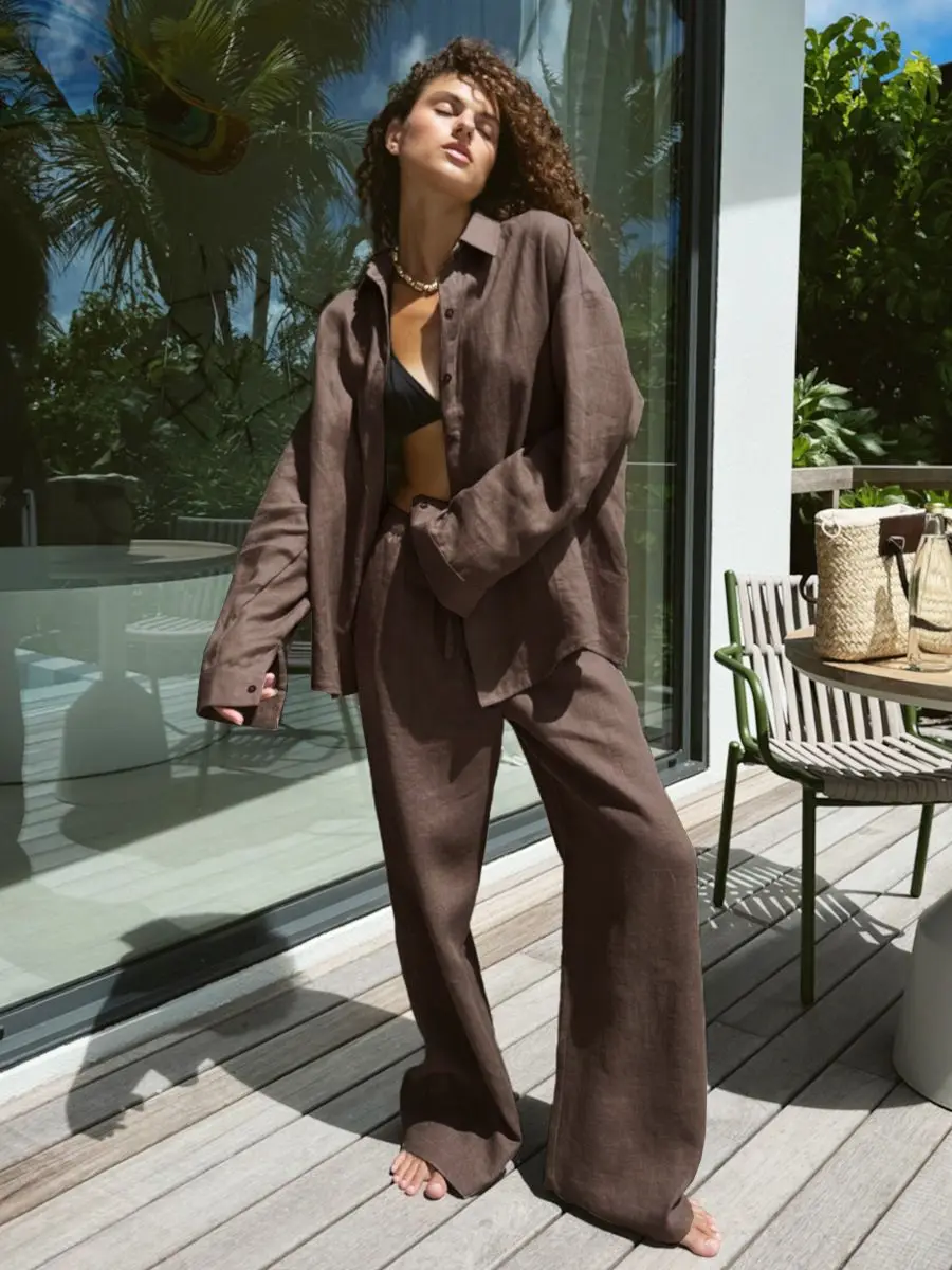 Damen 2025 Baumwoll-Hemd-Hosen-Anzug Locker Langärmelig Lässig Frühling Sommer Neue Modische Elegante Kleidung Damen 2025 Baumwoll-Hemd-Hosen-Anzug Locker Langärmelig Lässig Frühling Sommer Neue Modische Elegante Kleidung - Image 4