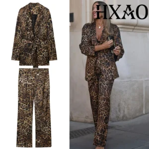HXAO Leoparden-Hosen-Sets, 2-teiliges Set, Vintage-Stil, langer Blazer, Jacke, zweiteiliges Set, Herbst, formelle Damen-Hosen, Anzug, Gürtel, Damen-Set