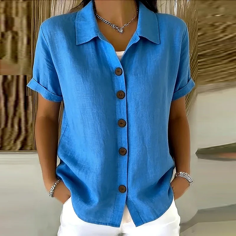 Elegante Damen-Sommerblusen Aus Baumwolle Und Leinen, Kurzarm, Reverskragen, Knopfleiste, Einfarbig, Lockeres Hemd, Lässige Damenbluse, Cardigan-Oberteile Elegante Damen-Sommerblusen Aus Baumwolle Und Leinen, Kurzarm, Reverskragen, Knopfleiste, Einfarbig, Lockeres Hemd, Lässige Damenbluse, Cardigan-Oberteile - Image 6