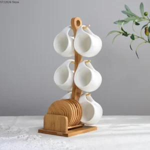 Sechs-stück Einfache Keramik Tasse Set 200ml Tee Tasse Kaffee Tasse Drei-dimensionale Bambus und Holz Halterung striped Nicht-slip Bahn