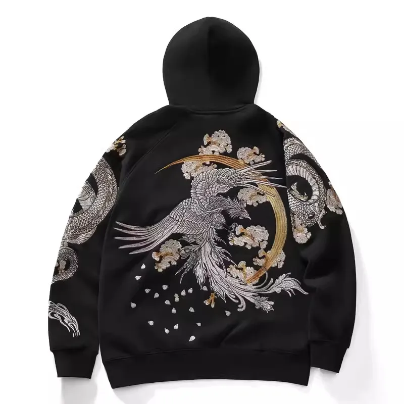 Makuluya Hoodies Yokosuka Black Dragon Phoenix Suzaku Muster Bestickter Pullover Sakura Makuluya Hoodies Yokosuka Black Dragon Phoenix Suzaku Muster Bestickter Pullover Sakura - Image 5