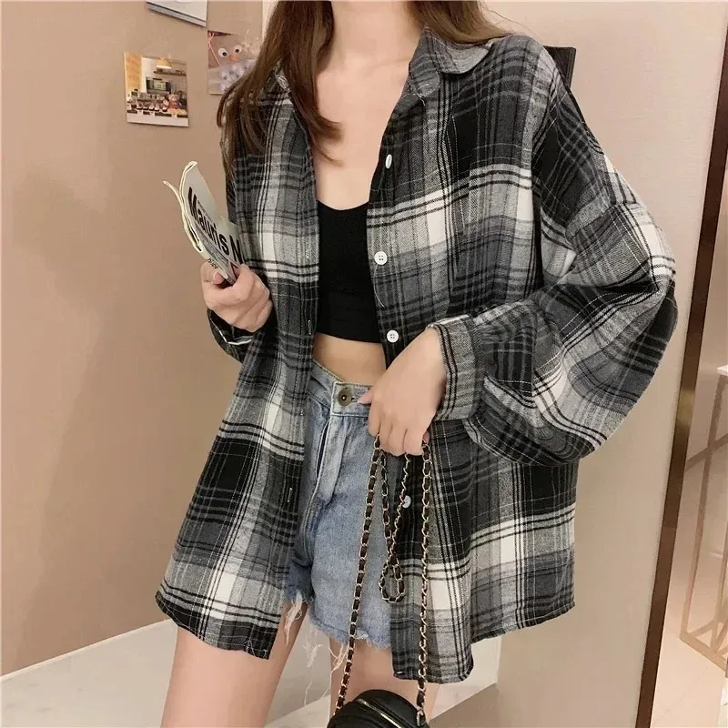 Kariertes Hemd Frauen Mode Herbst Langarm Top Weibliche Vintage Einreiher Bluse Damen Adrette Lose Überprüfen Shirts Kariertes Hemd Frauen Mode Herbst Langarm Top Weibliche Vintage Einreiher Bluse Damen Adrette Lose Überprüfen Shirts - Image 2