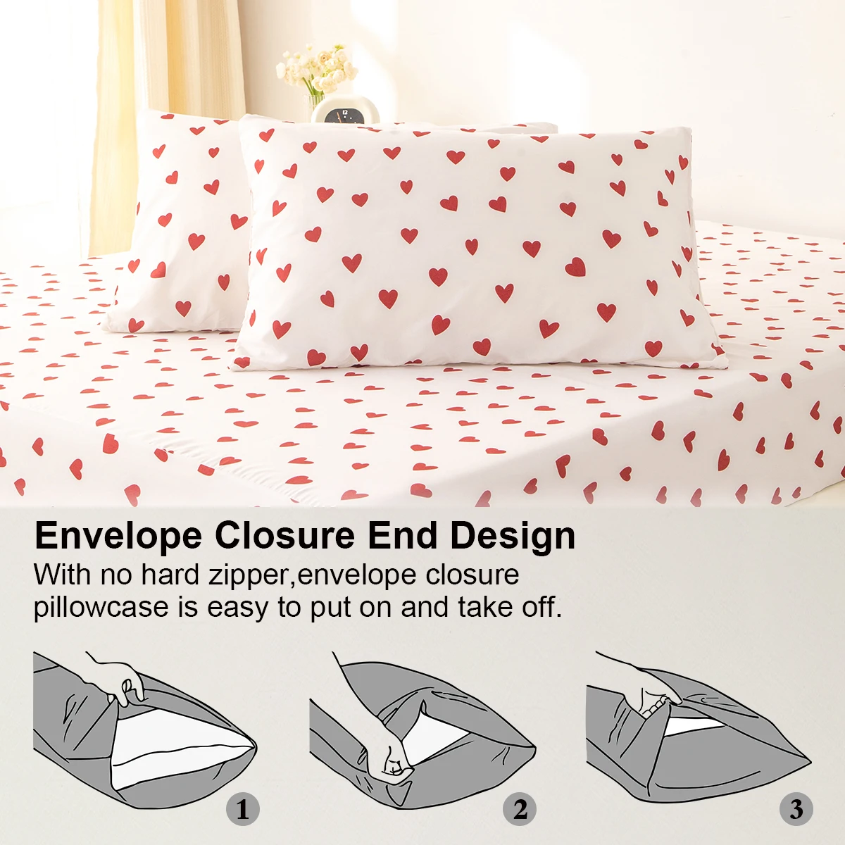 3Pcs/Set Small Red Heart Printed Duvet Cover Set(1 Duvet Cover &Amp; 2 Pillowcase)Soft And Skin-Friendly Duvet Cover Bedding Set For 3Pcs/Set Small Red Heart Printed Duvet Cover Set(1 Duvet Cover &Amp; 2 Pillowcase)Soft And Skin-Friendly Duvet Cover Bedding Set For - Image 6
