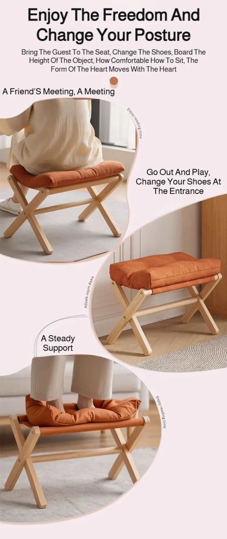 Solid Wood Folding Shoe Changing Stool With Cotton Filled Cushion, Portable Low Footstool For Entryway &Amp; Sofa Rest Solid Wood Folding Shoe Changing Stool With Cotton Filled Cushion, Portable Low Footstool For Entryway &Amp; Sofa Rest - Image 18