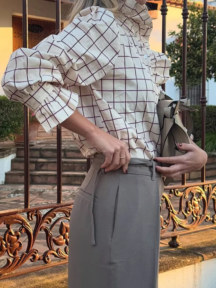 Süße Frauen Rüschen Plaid Lila Shirts 2025, Mode Damen Casual Stehkragen Blusen Für Party Weibliche Elegante Tops Kleidung Süße Frauen Rüschen Plaid Lila Shirts 2025, Mode Damen Casual Stehkragen Blusen Für Party Weibliche Elegante Tops Kleidung - Image 3