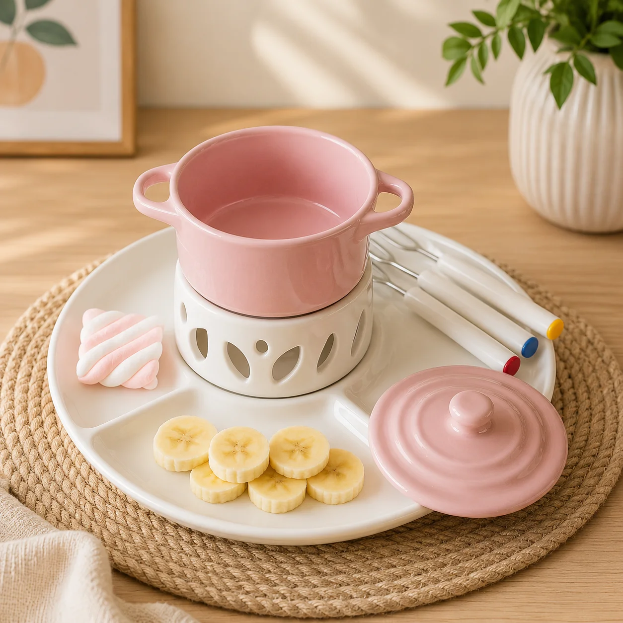 Keramik 220Ml Mini-Fondue-Set Mit Dip-Gabeln &Amp; Tablett Für Schokolade, Käse, Eiscreme, Party-Desserts Und Kerzenherstellung Keramik 220Ml Mini-Fondue-Set Mit Dip-Gabeln &Amp; Tablett Für Schokolade, Käse, Eiscreme, Party-Desserts Und Kerzenherstellung