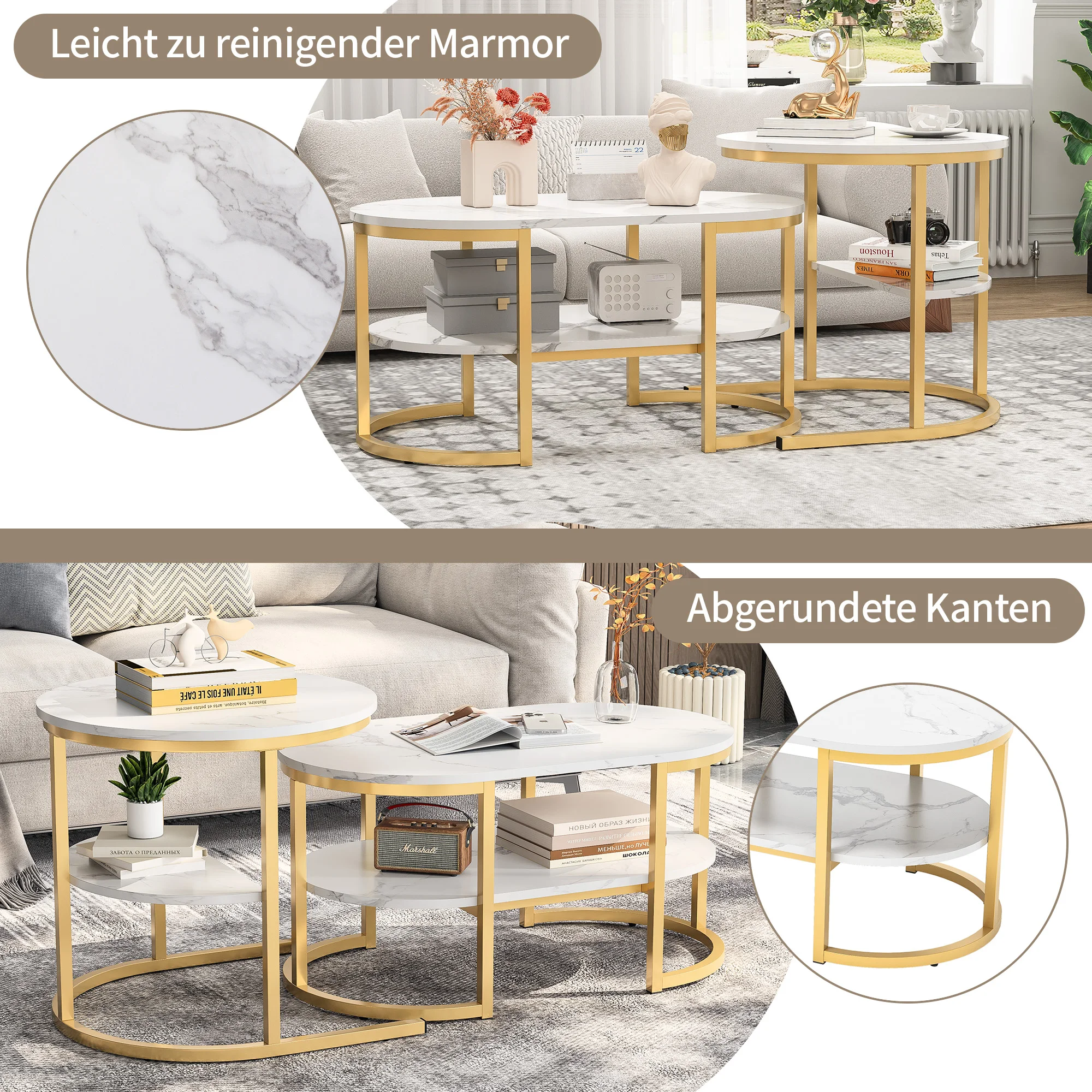 Rosahqnda Moderner 2Er-Set Sofatische Mit Großen Stauraumflächen, Tischplatte Mit Marmormuster Und Stabilen Metallständer Rosahqnda Moderner 2Er-Set Sofatische Mit Großen Stauraumflächen, Tischplatte Mit Marmormuster Und Stabilen Metallständer