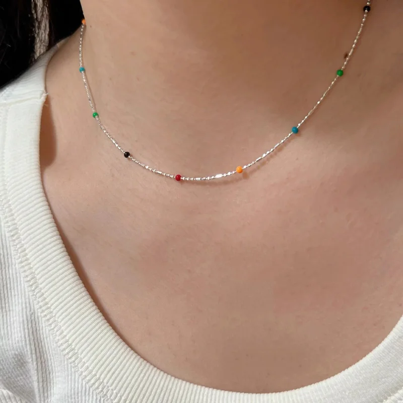 Halskette Aus 925Er-Silber Mit Einfachen Geometrischen Mehrfarbigen Perlen, Halsband, Glänzende, Zarte Schlüsselbeinkette Für Damen Halskette Aus 925Er-Silber Mit Einfachen Geometrischen Mehrfarbigen Perlen, Halsband, Glänzende, Zarte Schlüsselbeinkette Für Damen - Image 6