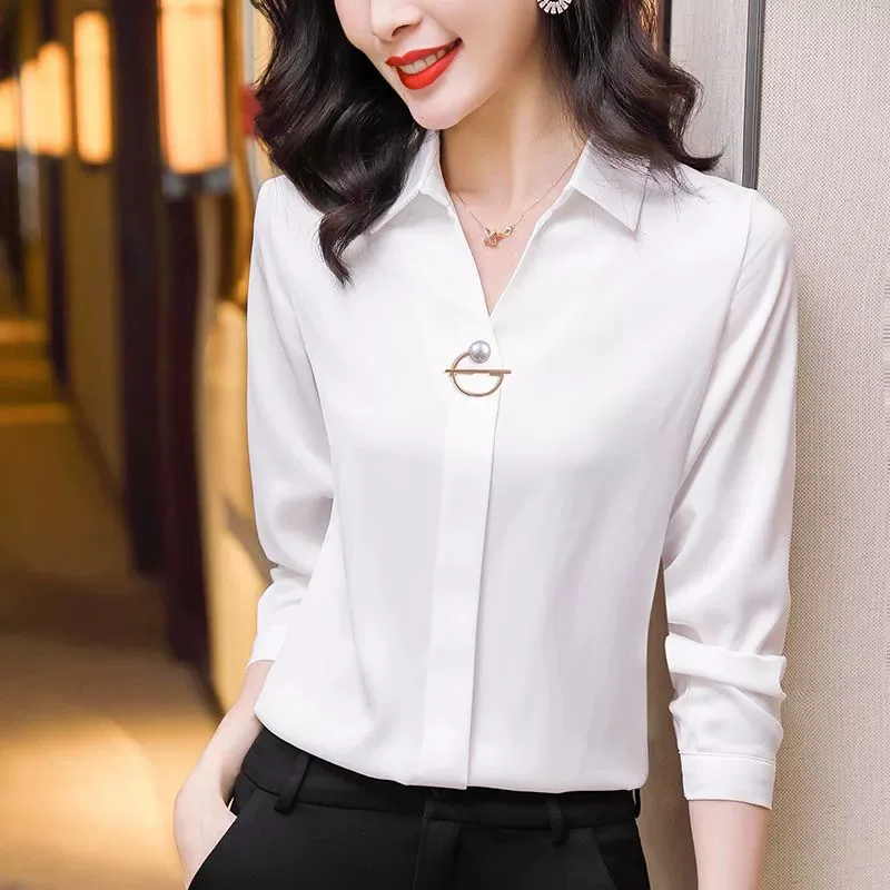 Elegante Frauen Chiffon Bluse 2025, Neue Temperament Turndown Kragen Büro Dame Hemd Streetwear Casual Einfarbig Tops Kleidung Elegante Frauen Chiffon Bluse 2025, Neue Temperament Turndown Kragen Büro Dame Hemd Streetwear Casual Einfarbig Tops Kleidung - Image 7