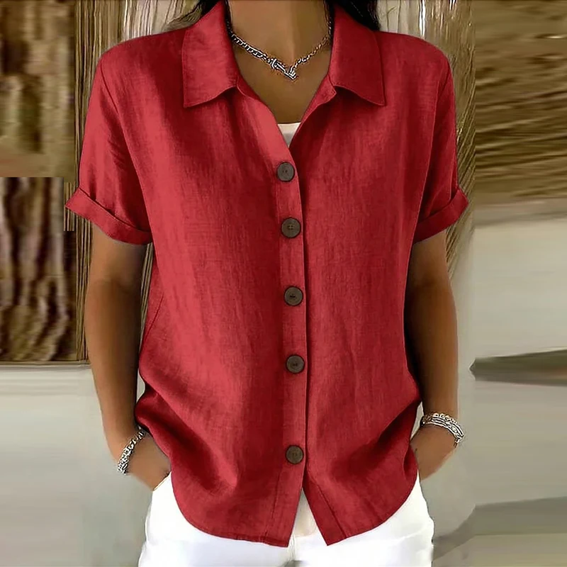 Elegante Damen-Sommerblusen Aus Baumwolle Und Leinen, Kurzarm, Reverskragen, Knopfleiste, Einfarbig, Lockeres Hemd, Lässige Damenbluse, Cardigan-Oberteile Elegante Damen-Sommerblusen Aus Baumwolle Und Leinen, Kurzarm, Reverskragen, Knopfleiste, Einfarbig, Lockeres Hemd, Lässige Damenbluse, Cardigan-Oberteile - Image 3