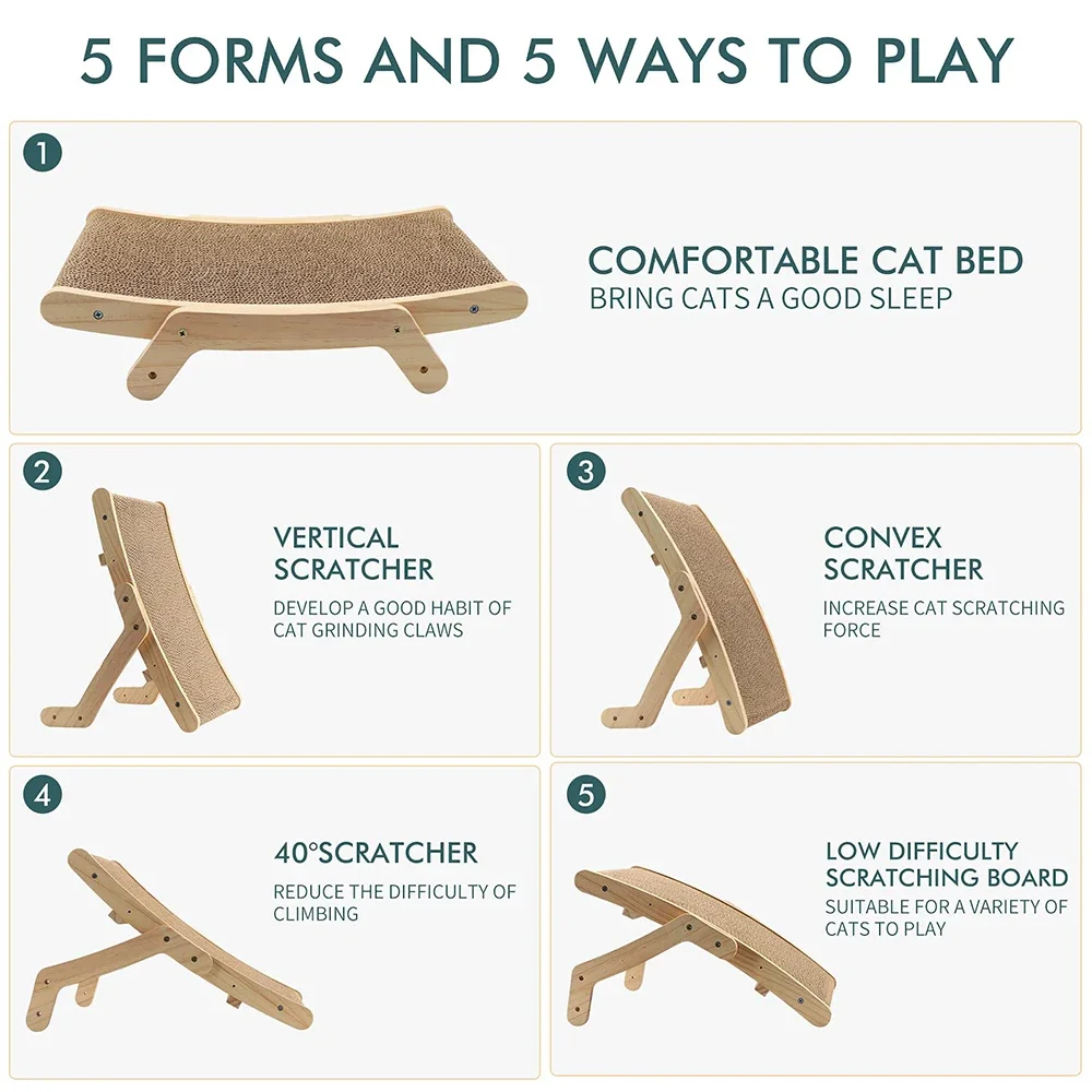 Cat Scratcher Cardboard With Solid Wooden Frame Kitten Scrapers Scratching Bed Reversible Pet Furniture For Cats 5 In 1 Toys Cat Scratcher Cardboard With Solid Wooden Frame Kitten Scrapers Scratching Bed Reversible Pet Furniture For Cats 5 In 1 Toys - Image 4