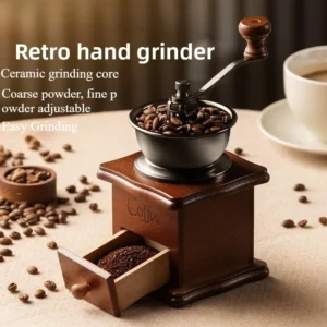 Massivholz Retro Handkurbel-Kaffeebohnenmühle mit Keramikmahlwerk, Einstellbare Manuelle Bohnenmühle für den Haushalt