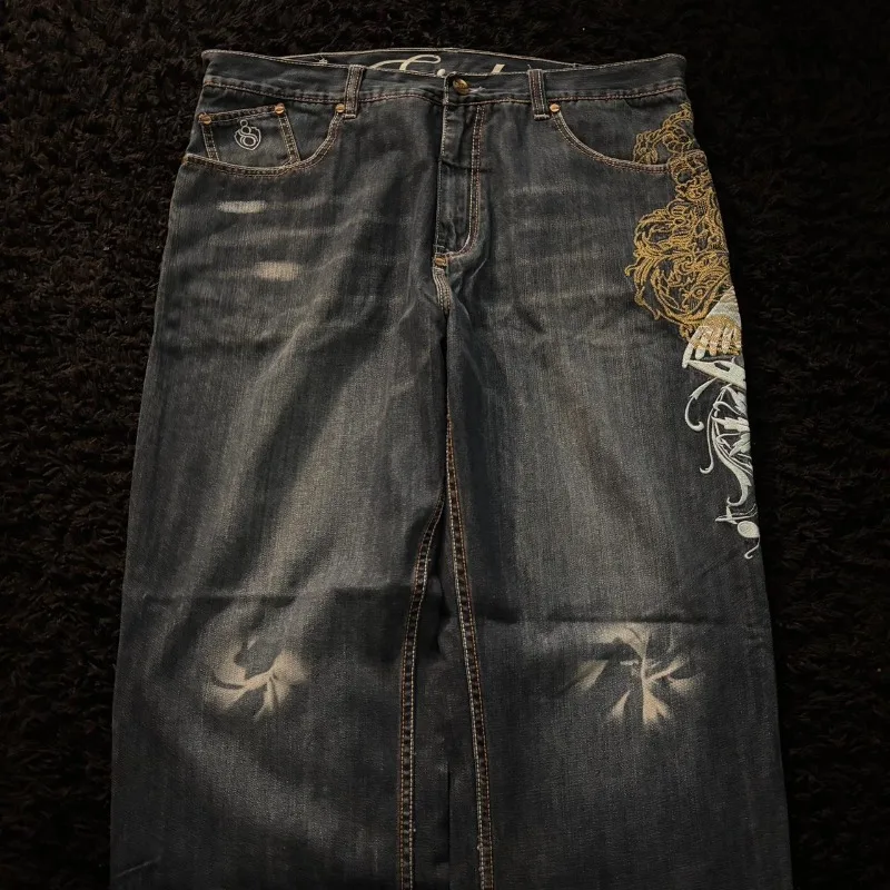 American New Fashion Oversize Pattern Embroidered Baggy Jeans Men Y2K Gothic Harajuku Hip Hop Straight High Waist Wide Leg Pants American New Fashion Oversize Pattern Embroidered Baggy Jeans Men Y2K Gothic Harajuku Hip Hop Straight High Waist Wide Leg Pants - Image 2