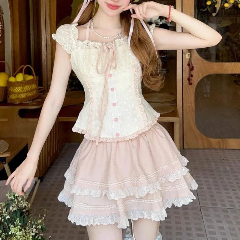 Japanische Kawaii Süße Neue 2-Teiliges Set Frauen Patchwork Lolita Lace Up Vintage Set Weibliche Y2K Prinzessin Mini Rock Anzug Sommer 2025 Japanische Kawaii Süße Neue 2-Teiliges Set Frauen Patchwork Lolita Lace Up Vintage Set Weibliche Y2K Prinzessin Mini Rock Anzug Sommer 2025 - Image 9