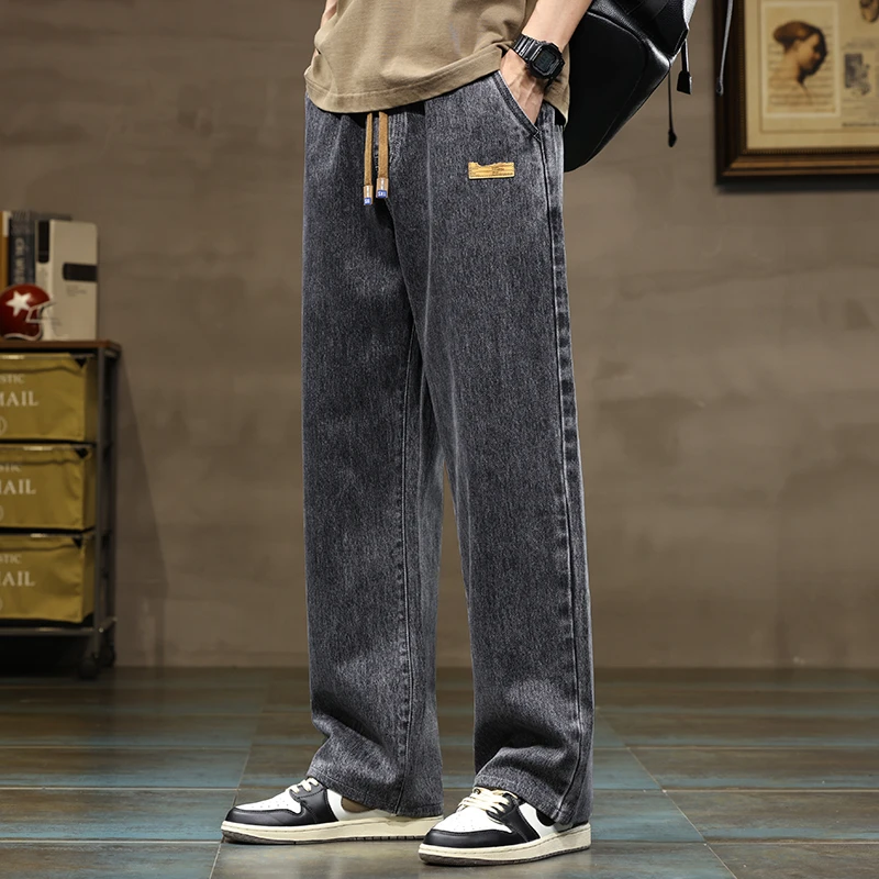 Men Straight Leg Blue Gray Loose Y2K Drawstring Jeans Streetwear Casual Wide Denim Pants Male Baggy Stylish Harajuku Trousers Men Straight Leg Blue Gray Loose Y2K Drawstring Jeans Streetwear Casual Wide Denim Pants Male Baggy Stylish Harajuku Trousers - Image 6