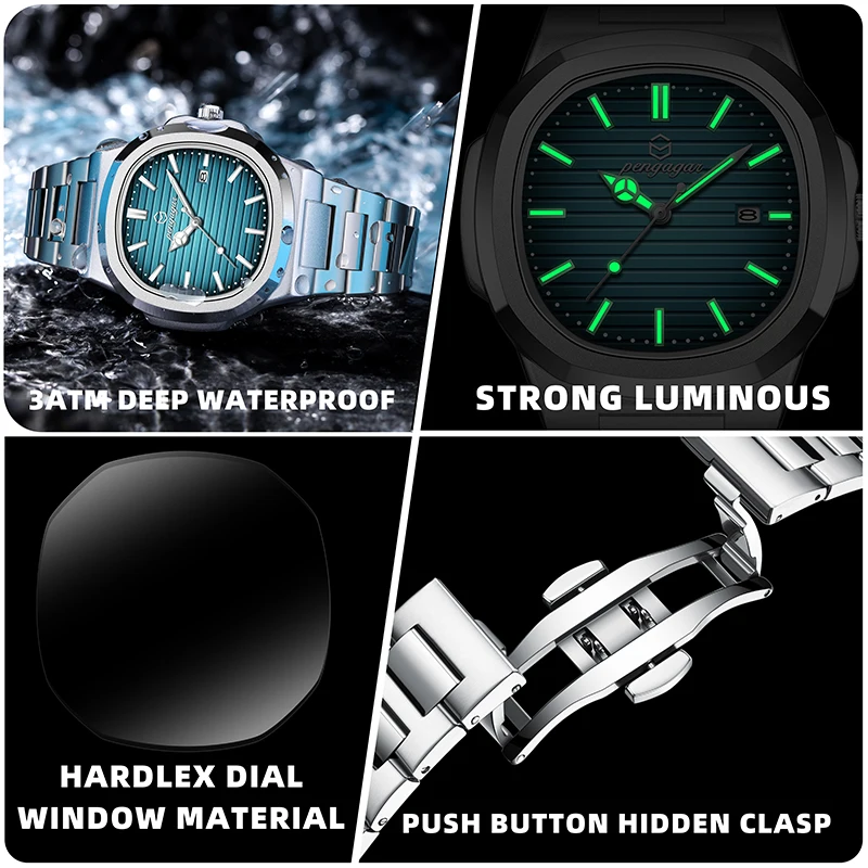 Luxuriöse Quadratische Herren-Armbanduhr, Elegant, Wasserdicht, Leuchtend, Mit Datumsanzeige, Edelstahl, Quarzuhren Für Herren, Weihnachtsgeschenk + Box Reloj Luxuriöse Quadratische Herren-Armbanduhr, Elegant, Wasserdicht, Leuchtend, Mit Datumsanzeige, Edelstahl, Quarzuhren Für Herren, Weihnachtsgeschenk + Box Reloj - Image 3