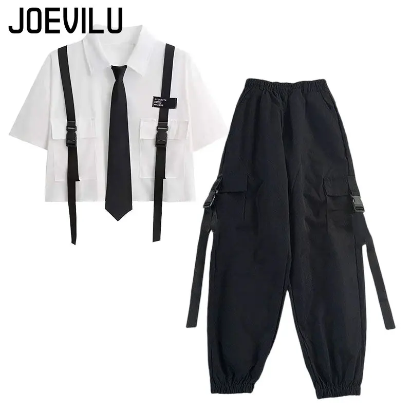 Sommer Hosen Anzug Frauen Koreanische Lose Krawatte Kurzarm Hemd Hohe Taille Gerade Bein Overalls 2-Teilige Sets Streetwear Outfits Sommer Hosen Anzug Frauen Koreanische Lose Krawatte Kurzarm Hemd Hohe Taille Gerade Bein Overalls 2-Teilige Sets Streetwear Outfits - Image 2