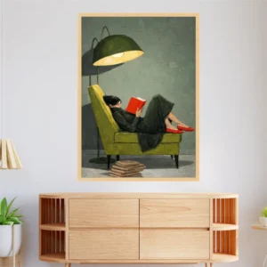 Vintage Frau beim Lesen auf Grünem Stuhl Leinwand-Poster Druck Moderne Ästhetische Kunst Bild Wohnzimmer Wandkunst Heim-Dekor Gemälde