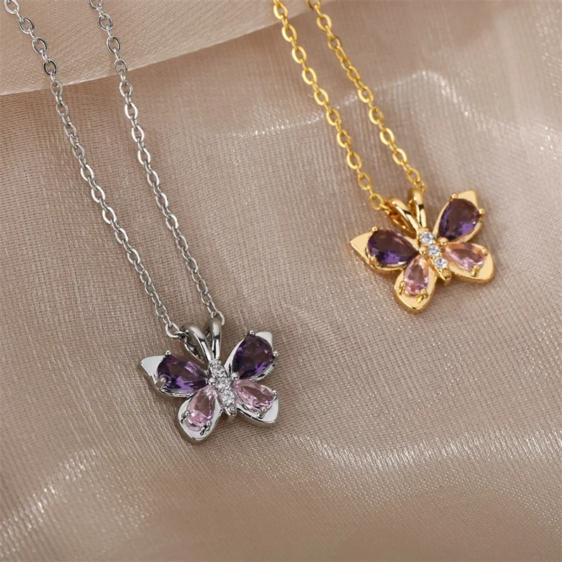 Elegante Schmetterlings-Anhänger-Halskette Mit Eingelegtem Lila-Rosa Zirkon-Kristall, Zierliche Schlüsselbeinkette, Modische Accessoires Für Den Täglichen Gebrauch Von Frauen Elegante Schmetterlings-Anhänger-Halskette Mit Eingelegtem Lila-Rosa Zirkon-Kristall, Zierliche Schlüsselbeinkette, Modische Accessoires Für Den Täglichen Gebrauch Von Frauen - Image 12