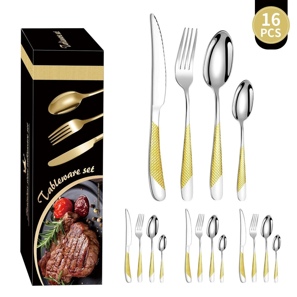 16/24-Teiliges Goldenes Besteckset Aus Edelstahl (Löffel/Gabel/Messer), Lebensmittelechtes Geschirrset, Spülmaschinenfest Und Leicht Zu Reinigen 16/24-Teiliges Goldenes Besteckset Aus Edelstahl (Löffel/Gabel/Messer), Lebensmittelechtes Geschirrset, Spülmaschinenfest Und Leicht Zu Reinigen - Image 4