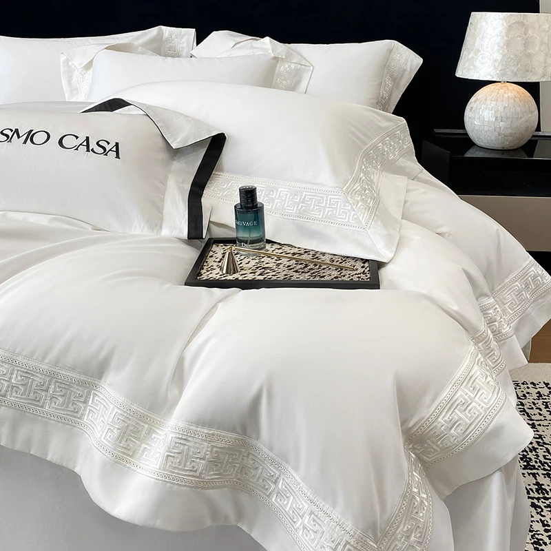 600Tc Egyptian Cotton White Luxury Embroidery Hotel Style Bedding Set Duvet Cover Set Flat/Fitted Bed Sheet Pillowcases 4Pcs 600Tc Egyptian Cotton White Luxury Embroidery Hotel Style Bedding Set Duvet Cover Set Flat/Fitted Bed Sheet Pillowcases 4Pcs - Image 9