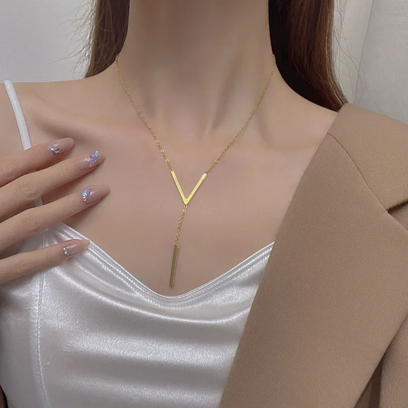 Simple V-Shaped Long Sexy Clavicle Necklace Gold Color Long Neck Chain Women Vertical Bar Pendant Necklace Party Jewelry Gifts Simple V-Shaped Long Sexy Clavicle Necklace Gold Color Long Neck Chain Women Vertical Bar Pendant Necklace Party Jewelry Gifts - Image 3