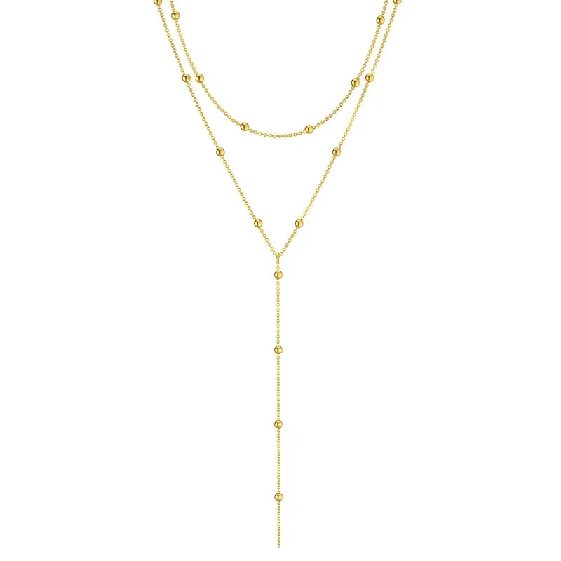 Vergoldete Lariat-Halskette Für Frauen, Doppelte Laryer, Lange Kette, Tropfen-Anhänger, Choker-Halsketten, Modische Geschenke Vergoldete Lariat-Halskette Für Frauen, Doppelte Laryer, Lange Kette, Tropfen-Anhänger, Choker-Halsketten, Modische Geschenke - Image 4