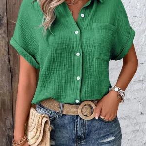Damen Casual Baumwollbluse Vintage Sommer Kurzarm Slim Shirt Eleganter Umlegekragen Einfarbige Tuniken Harajuku Streetwear Oberteile