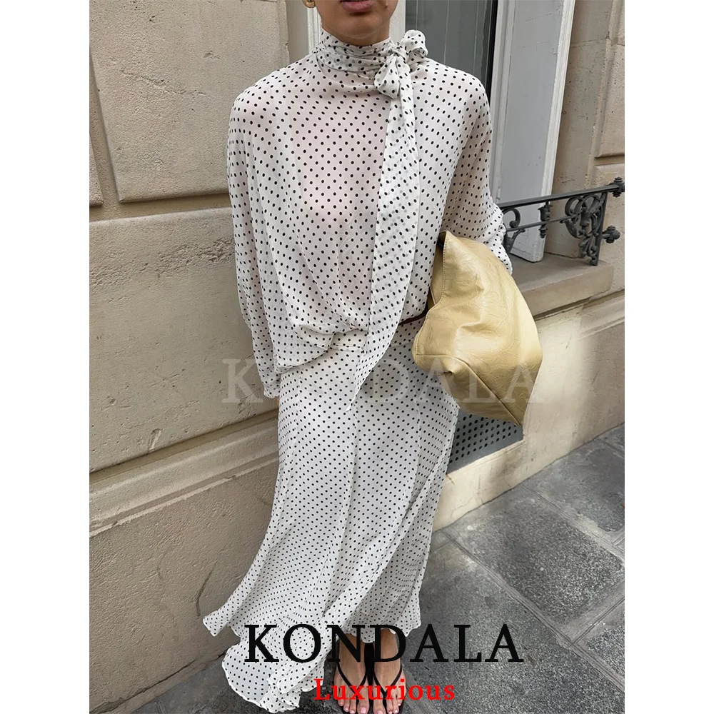 Kondala Vintage Polka Dot Damen-Sets Chiffon Schleifenbluse Lose Lange Röcke Mode 2026 Frühling Sommer Urlaubsanzüge Kondala Vintage Polka Dot Damen-Sets Chiffon Schleifenbluse Lose Lange Röcke Mode 2026 Frühling Sommer Urlaubsanzüge - Image 2
