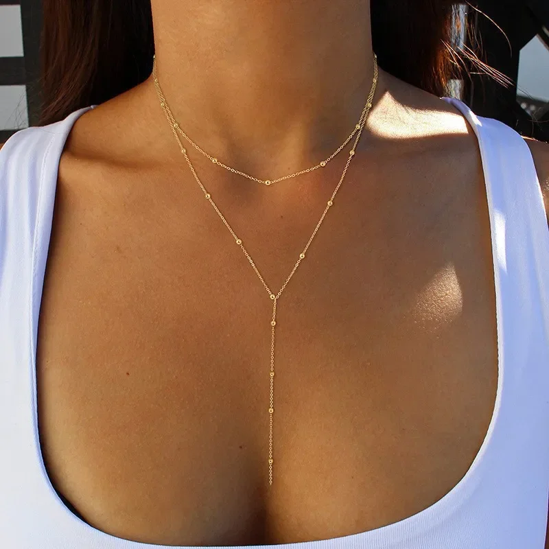 Vergoldete Lariat-Halskette Für Frauen, Doppelte Laryer, Lange Kette, Tropfen-Anhänger, Choker-Halsketten, Modische Geschenke Vergoldete Lariat-Halskette Für Frauen, Doppelte Laryer, Lange Kette, Tropfen-Anhänger, Choker-Halsketten, Modische Geschenke - Image 3