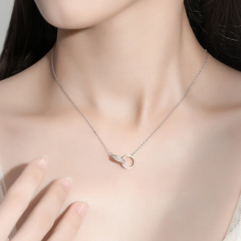 Neue Mode 925 Sterling Silber Doppel Runde Anhänger Halskette Rose Gold Strass Doppel Kreis Halskette Für Frauen Schmuck Geschenk Neue Mode 925 Sterling Silber Doppel Runde Anhänger Halskette Rose Gold Strass Doppel Kreis Halskette Für Frauen Schmuck Geschenk - Image 5
