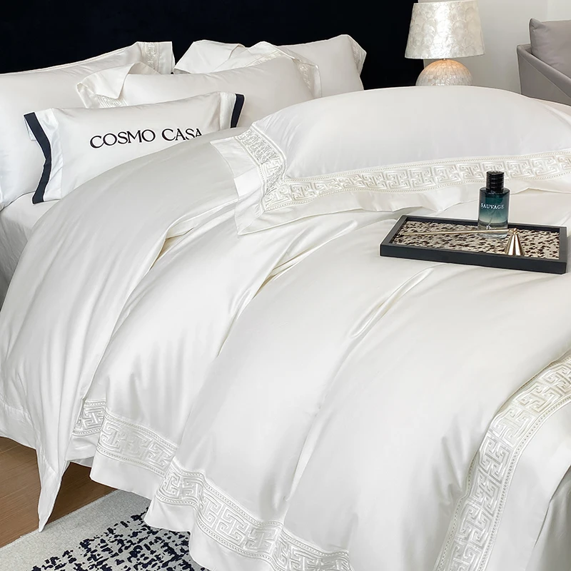 600Tc Egyptian Cotton White Luxury Embroidery Hotel Style Bedding Set Duvet Cover Set Flat/Fitted Bed Sheet Pillowcases 4Pcs 600Tc Egyptian Cotton White Luxury Embroidery Hotel Style Bedding Set Duvet Cover Set Flat/Fitted Bed Sheet Pillowcases 4Pcs - Image 6