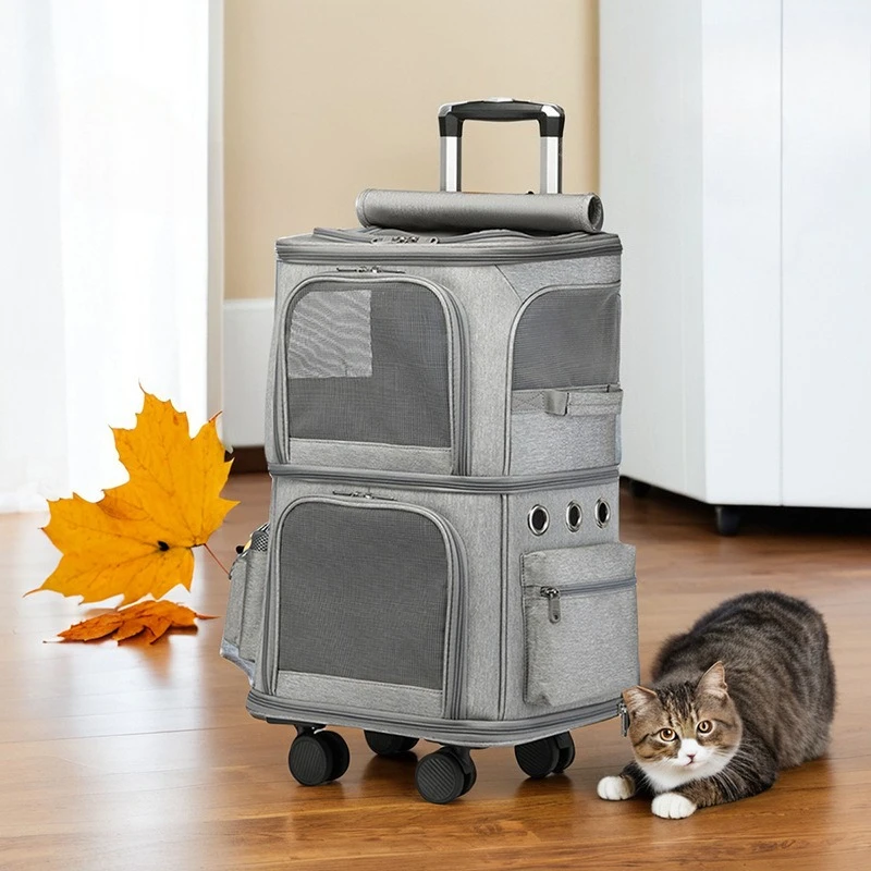 2-In-1 Rolling Pet Carrier Double Compartment Foldable Cat Stroller Large Breathable Travel Carrier For 2 Cats, Airline Approved 2-In-1 Rolling Pet Carrier Double Compartment Foldable Cat Stroller Large Breathable Travel Carrier For 2 Cats, Airline Approved