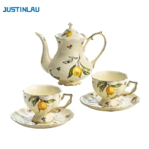 JUSTINLAU Zitronen-Espressotassen, elegantes Teeset im europäischen Stil, Teetasse und Untertassen-Set, Keramiktasse, Kaffeetassen-Set, Dessertteller