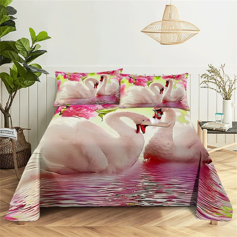 Bedding Flat Sheet Bed Sheet Set Flower Queen Sheet Set White Swan Girl, Lady'S Room Bedding Set Bed Sheets And Pillowcases Bedding Flat Sheet Bed Sheet Set Flower Queen Sheet Set White Swan Girl, Lady'S Room Bedding Set Bed Sheets And Pillowcases - Image 2