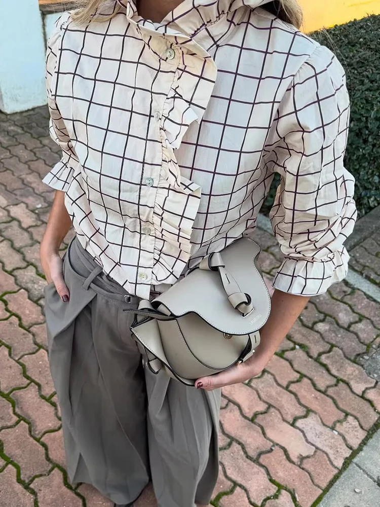 Süße Frauen Rüschen Plaid Lila Shirts 2025, Mode Damen Casual Stehkragen Blusen Für Party Weibliche Elegante Tops Kleidung Süße Frauen Rüschen Plaid Lila Shirts 2025, Mode Damen Casual Stehkragen Blusen Für Party Weibliche Elegante Tops Kleidung - Image 2