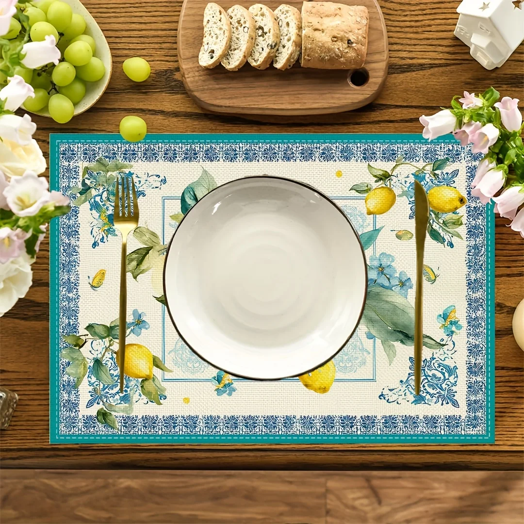 4-Teiliges Set Tischsets Mit Zitronen- Und Blumenmuster – Waschbare Polyester-Tischsets Mit Vintage-Rand, Für Esszimmer Und Küche 4-Teiliges Set Tischsets Mit Zitronen- Und Blumenmuster – Waschbare Polyester-Tischsets Mit Vintage-Rand, Für Esszimmer Und Küche - Image 3
