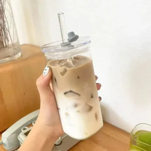 1 stücke Platz Hitzebeständige Kaffee Glas Tasse Mit Deckel und Stroh Transparent Milch Tee Saft Tassen Kaffee Becher Für home Bar Drink