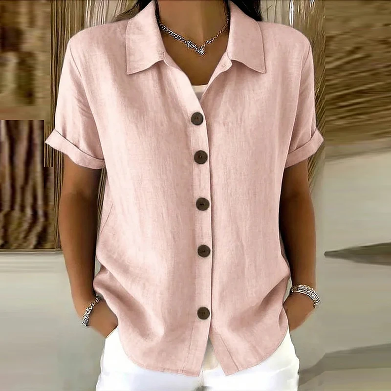 Elegante Damen-Sommerblusen Aus Baumwolle Und Leinen, Kurzarm, Reverskragen, Knopfleiste, Einfarbig, Lockeres Hemd, Lässige Damenbluse, Cardigan-Oberteile Elegante Damen-Sommerblusen Aus Baumwolle Und Leinen, Kurzarm, Reverskragen, Knopfleiste, Einfarbig, Lockeres Hemd, Lässige Damenbluse, Cardigan-Oberteile - Image 4