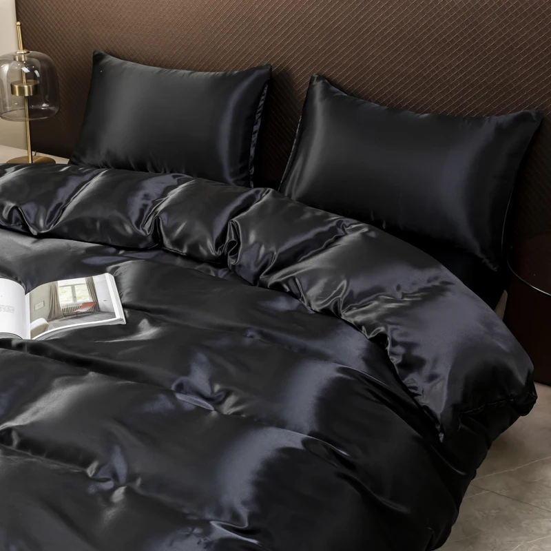 Black Luxury Ice Silk Bedding Set Satin Silky Duvet Cover Set With Pillowcase High-End Home Textiles Solid Color Bed Cover Sets Black Luxury Ice Silk Bedding Set Satin Silky Duvet Cover Set With Pillowcase High-End Home Textiles Solid Color Bed Cover Sets - Image 3