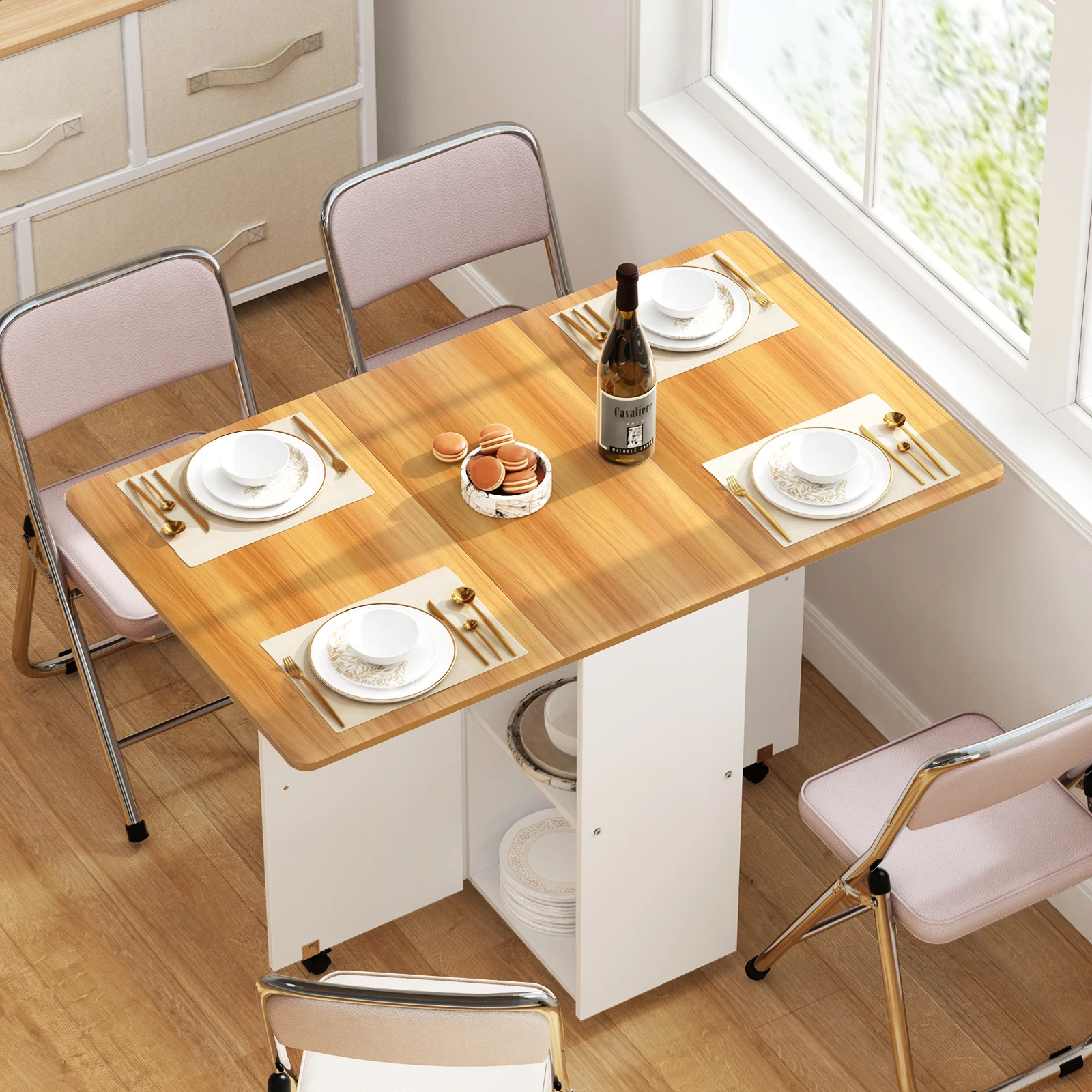 2-In-1 Mobiler Klappbarer Esstisch Mit Rollen Und Ablagefach, Küchentisch, Geeignet Für Küche, Wohnzimmer, Terrasse 2-In-1 Mobiler Klappbarer Esstisch Mit Rollen Und Ablagefach, Küchentisch, Geeignet Für Küche, Wohnzimmer, Terrasse - Image 2