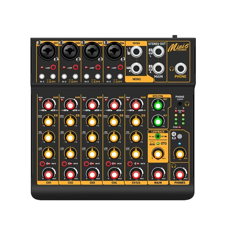Mini 6-Kanal-Audiomischer Dj-Mixer Mit Bluetooth 5.0, Otg, Reverb &Amp; 48 V Phantomspeisung Für Pc-Aufnahmen Und Live-Mixing Mini 6-Kanal-Audiomischer Dj-Mixer Mit Bluetooth 5.0, Otg, Reverb &Amp; 48 V Phantomspeisung Für Pc-Aufnahmen Und Live-Mixing - Image 2