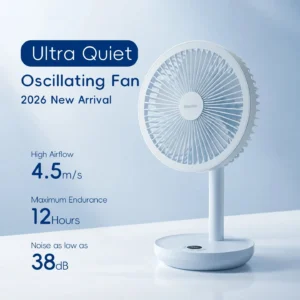 Intelligenter Oszillierender Tischventilator 4000mAh USB Winkelverstellbarer Geräuscharmer Aufladbarer Ventilator 5 Windgeschwindigkeiten für Zuhause/Büro/Geschenk