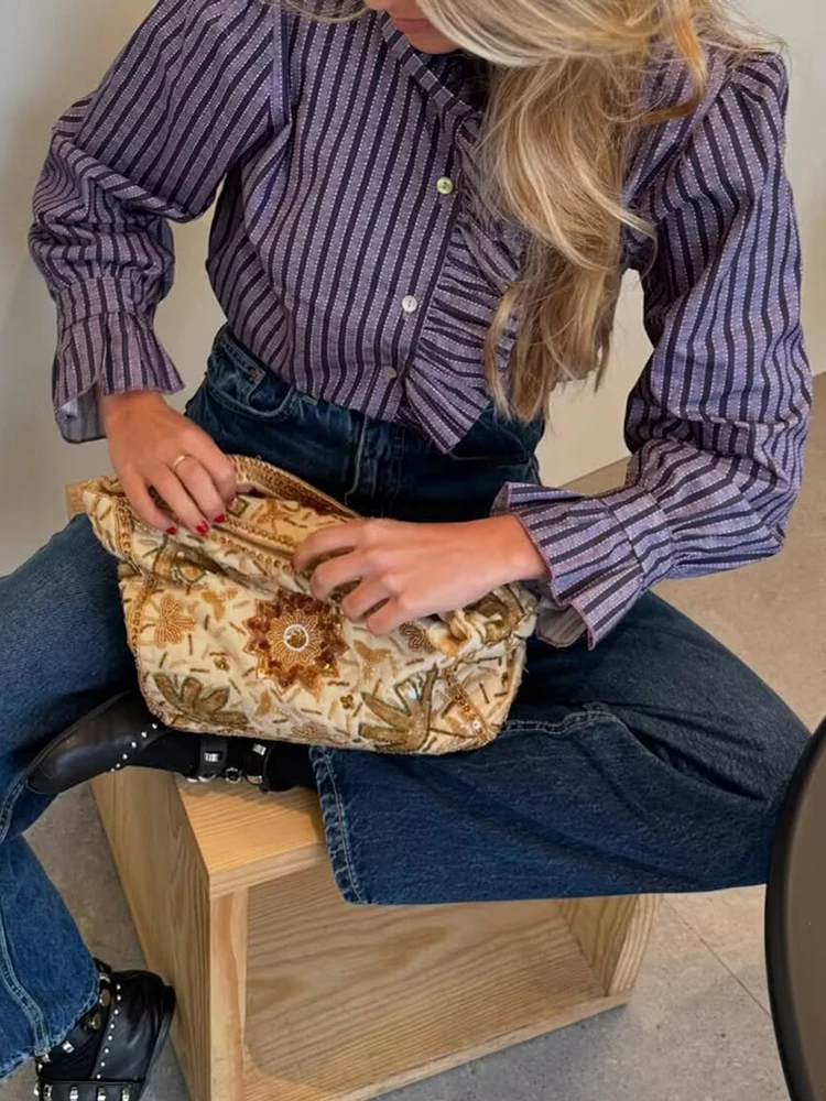 Süße Frauen Rüschen Plaid Lila Shirts 2025, Mode Damen Casual Stehkragen Blusen Für Party Weibliche Elegante Tops Kleidung Süße Frauen Rüschen Plaid Lila Shirts 2025, Mode Damen Casual Stehkragen Blusen Für Party Weibliche Elegante Tops Kleidung - Image 6