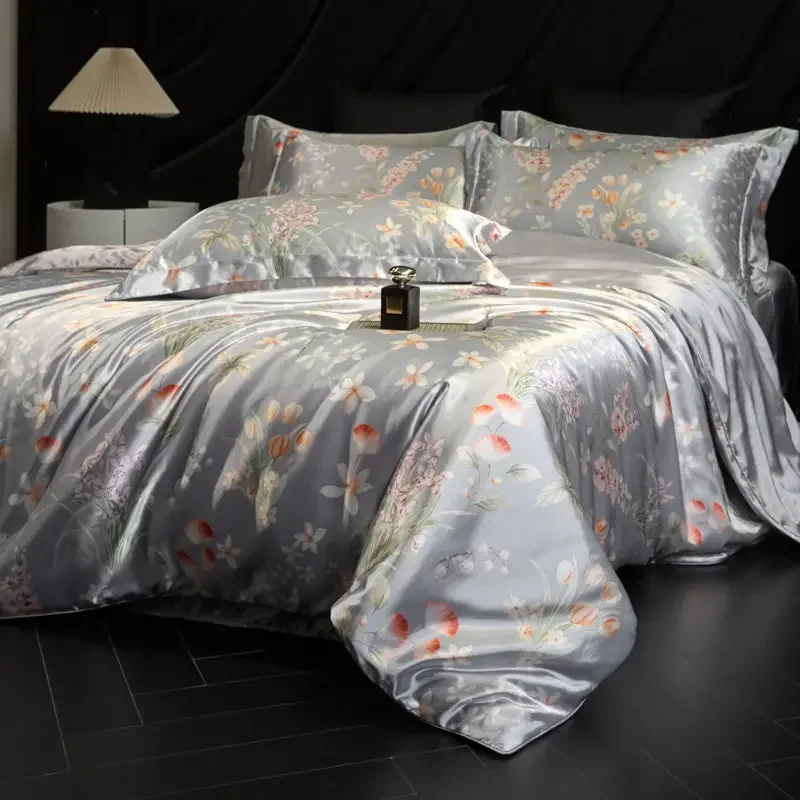 100% Natural Mulberry Silk Fitted Sheet Bedding Sets 3D Printed Satin Cooling Quilt Cover Set For Summer Single Double Bed Kit 100% Natural Mulberry Silk Fitted Sheet Bedding Sets 3D Printed Satin Cooling Quilt Cover Set For Summer Single Double Bed Kit - Image 4