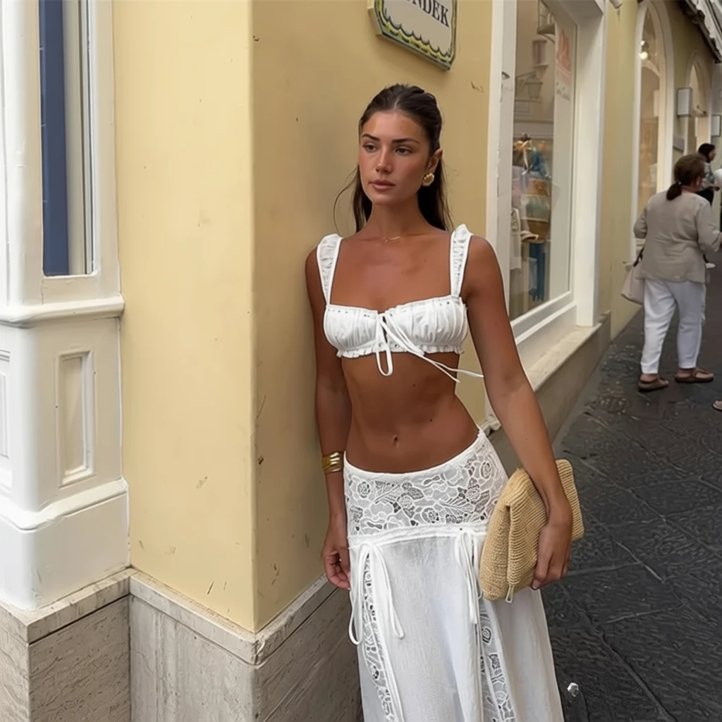 Suninheart Damen-Set, Weiß, Y2K-Vintage-Stil, Spitze, Quadratischer Ausschnitt, Kurzes Oberteil Und Maxirock, Urlaubskleid, Boho-Strandmode Suninheart Damen-Set, Weiß, Y2K-Vintage-Stil, Spitze, Quadratischer Ausschnitt, Kurzes Oberteil Und Maxirock, Urlaubskleid, Boho-Strandmode