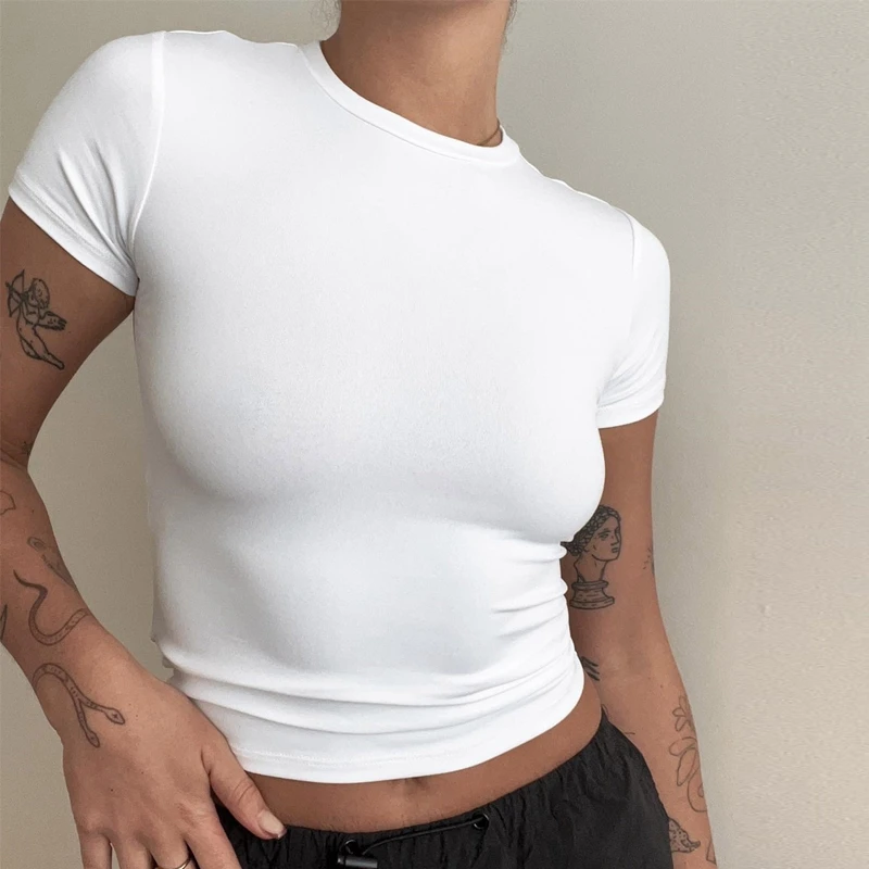 Frau Kleidung Kurzarm T-Shirt Slim Fit Tops Weibliche Oansatz Gestrickte Mantel T-Shirt Straße Tragen Sex Sportliche 2024 Y2K New2410 Frau Kleidung Kurzarm T-Shirt Slim Fit Tops Weibliche Oansatz Gestrickte Mantel T-Shirt Straße Tragen Sex Sportliche 2024 Y2K New2410