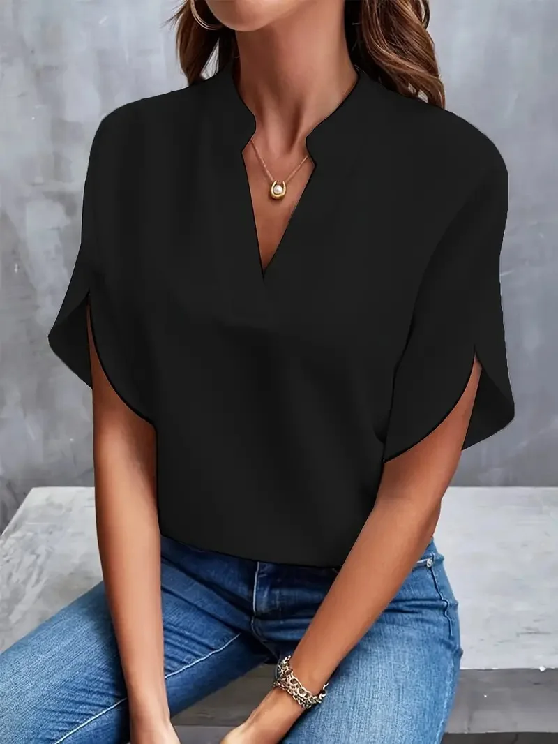 Veitche Sommer Frauen Casual Solide Bluse Frauen Mode V-Ausschnitt Halbe Hülse Shirts Büro Elegante Pullover Lose Blusas Tops Veitche Sommer Frauen Casual Solide Bluse Frauen Mode V-Ausschnitt Halbe Hülse Shirts Büro Elegante Pullover Lose Blusas Tops - Image 4